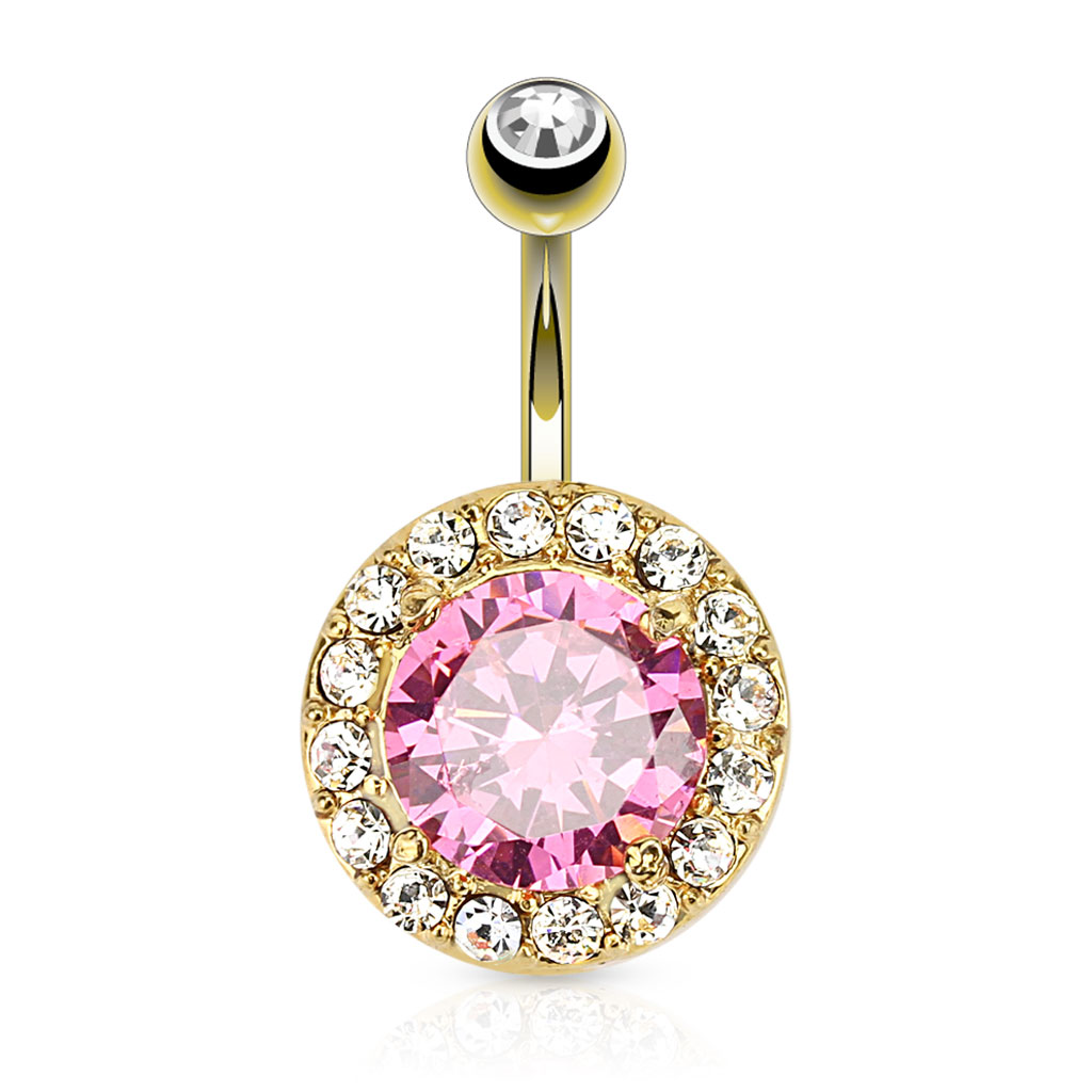 Vergulde navelpiercing met een grote roze steen