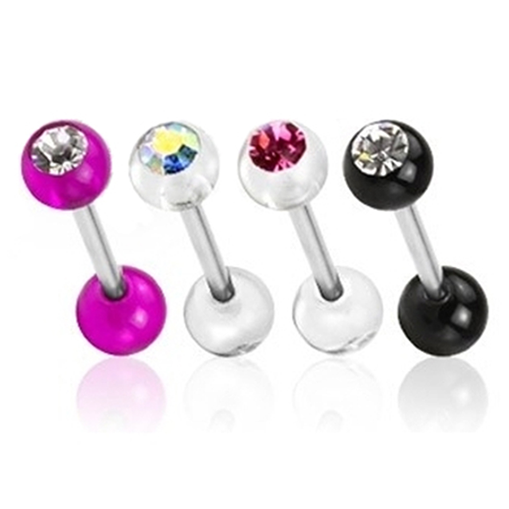 Vier tongpiercings met steentjes